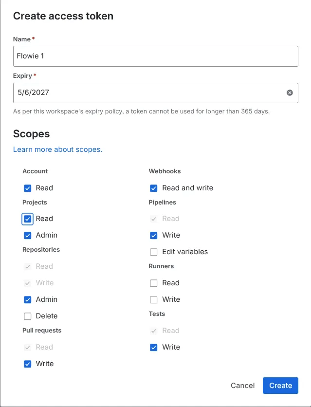 Create access token required scopes